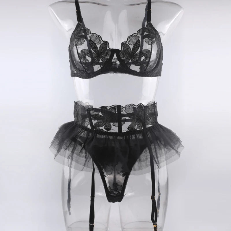 Lingerie Set Women Sexy Underwear Push Up Strappy Embroidered Mesh Sheer Lingerie Set See Through Panty Bra 3 Piece Langerie