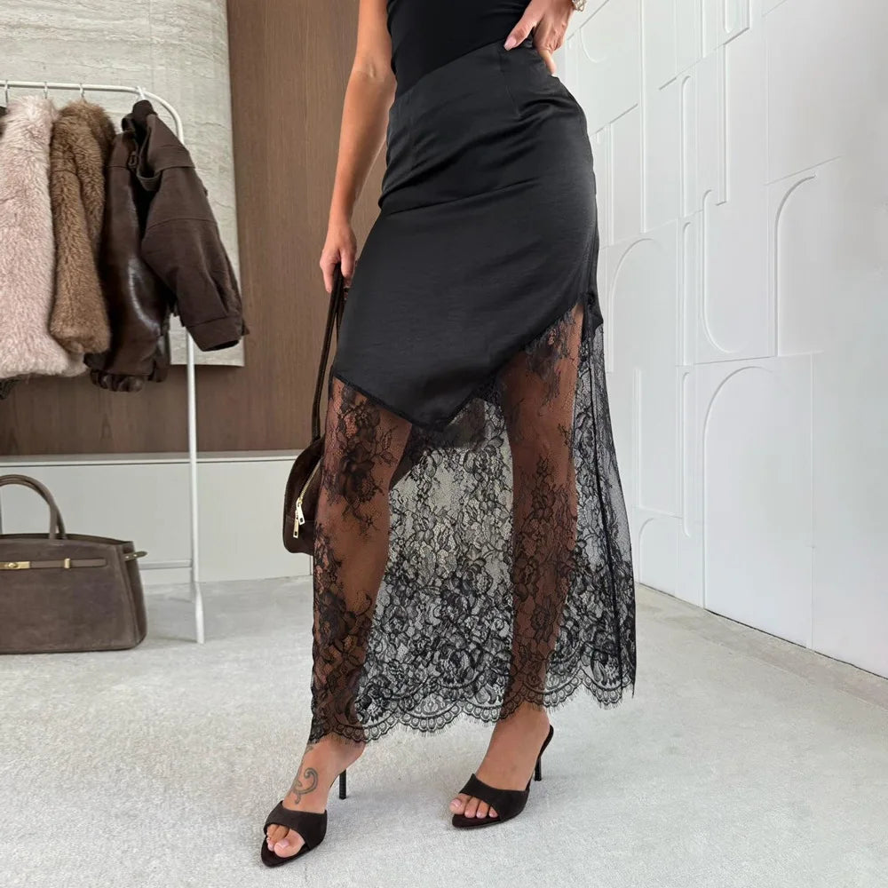 2025 High Waist Lace Skirts Fashion Women Slim Hollow Out Autumn Patchwork Boho Maxi Skirt Casual Office Lady Commute Clothes