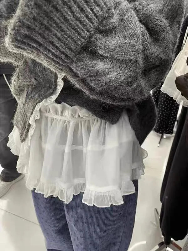 Plus size Spring All-Match French Lace Strap Design Fashion Pleated Skirt Fart Curtain Skirt Ruffle Trim Belted A- Line Skirt