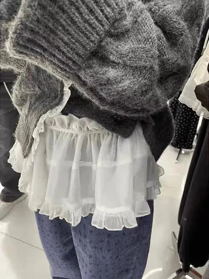 Plus size Spring All-Match French Lace Strap Design Fashion Pleated Skirt Fart Curtain Skirt Ruffle Trim Belted A- Line Skirt