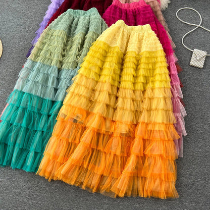 Voille Skirts Women Gradient Y2k High Waist Elastic Jupe Ladies Tulle Mujer Faldas Ruffles Long Female Mesh Skirt Dropshipping