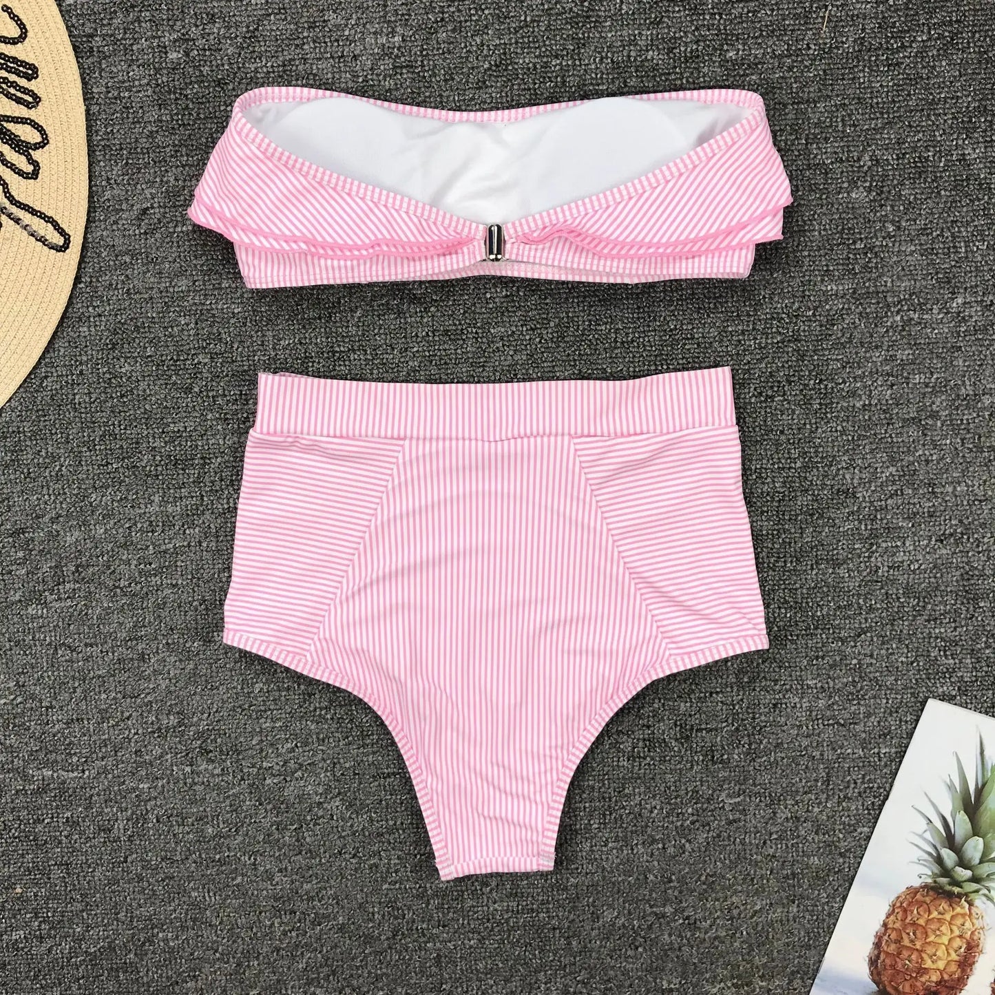 Cikini-Women's Split Swimming Suit, Irregular Striped, Lotus Leaf Edge, High Waist Bikini, Swimming Suit