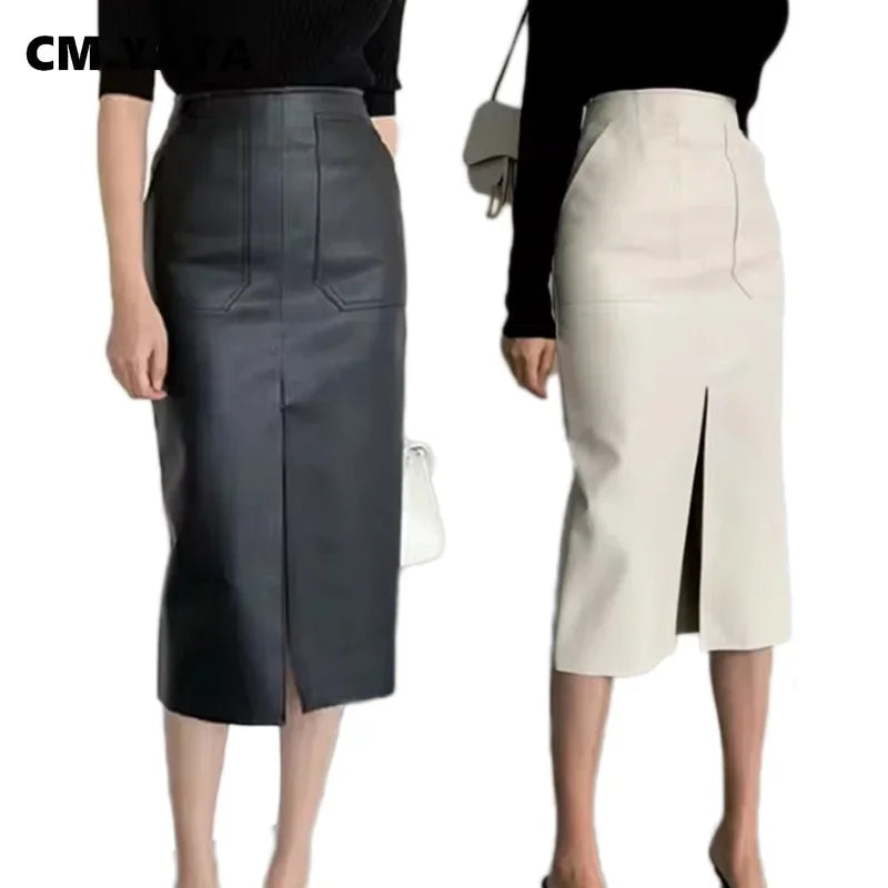 CM.YAYA Women High Waist PU Leather Vintage Straight Split Skirt 2025 Winter Street Pockets Basic Club Party Long Midi Skirts