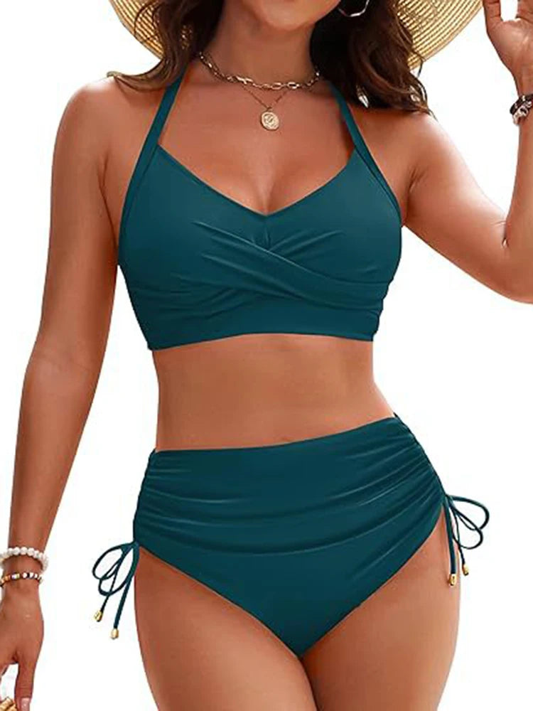 Circyy Backless Swimsuit Women Cheetah Print Fashion Bikini Set High Waisted Drawstring Split Swimsuit Summer 2025 New Beachwear