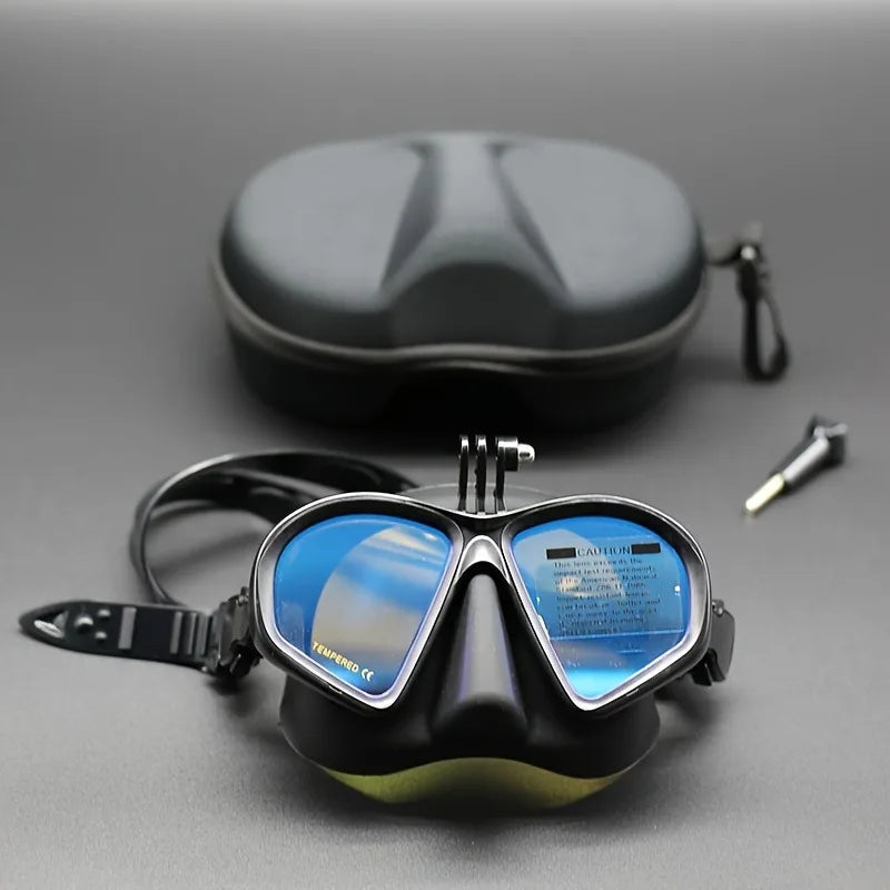 Professional Wet Low Volume Freediving Mask, Tempered Glass dive Mask, J-Type Diving Mask, Snorkel Set, With Go-Pro Camera Mount