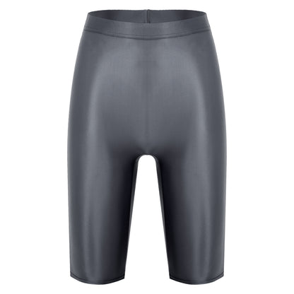 Women Glossy Shorts High Waist Fitness Short Leggings Oil Shiny Knee-Length Tights Swimming Trunks Female Workout Sports Bottoms