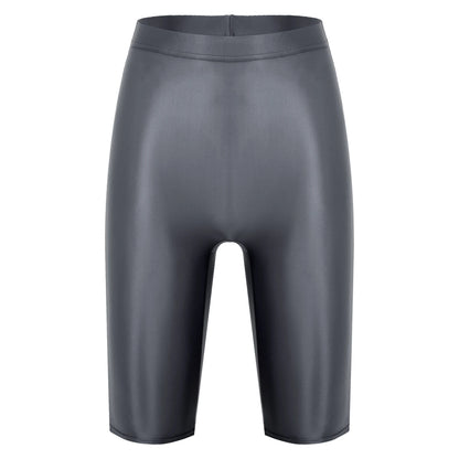Women Glossy Shorts High Waist Fitness Short Leggings Oil Shiny Knee-Length Tights Swimming Trunks Female Workout Sports Bottoms
