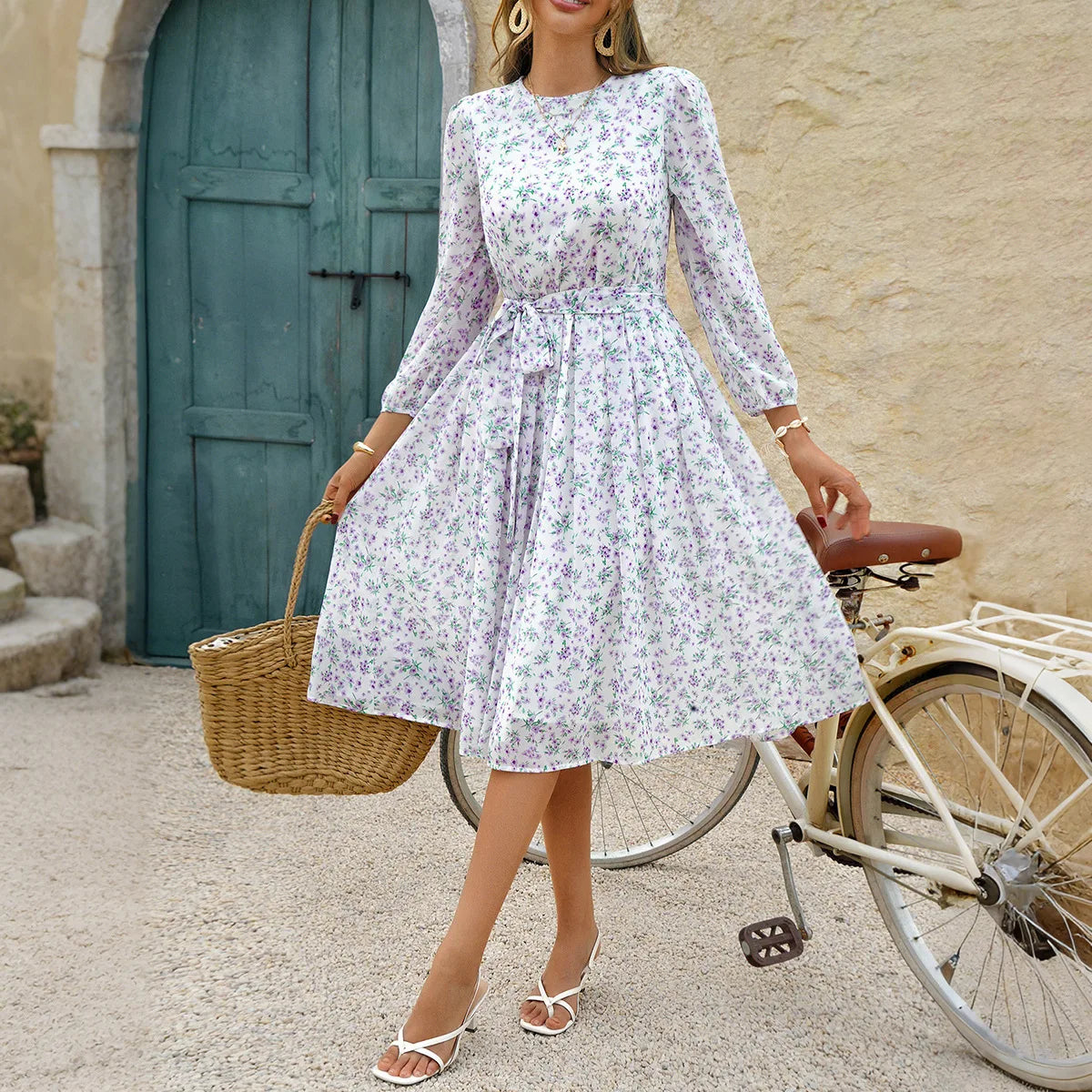 Print Dot Dress Women Casual Long Sleeve Round Neck Midi Dresses Lace Up Vocation Elegant Vestidos Summer 2025 Y2k Streetwear
