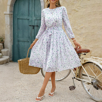 Print Dot Dress Women Casual Long Sleeve Round Neck Midi Dresses Lace Up Vocation Elegant Vestidos Summer 2025 Y2k Streetwear