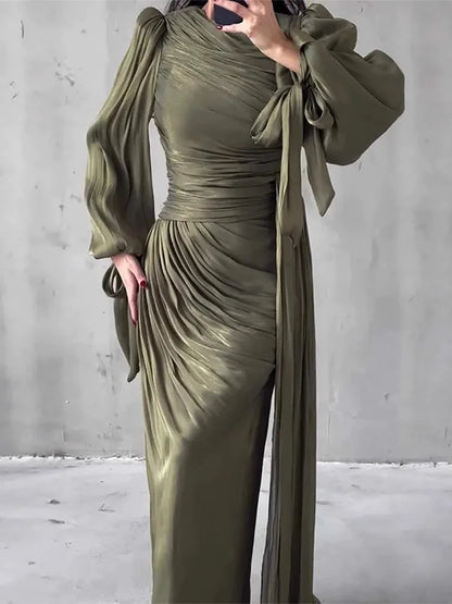 Fashion Lantern Sleeves Autumn Party Dress 2025 Elegant Solid Color Lace Up Dress Ladies O-neck High Waisted Pleated Long Dress