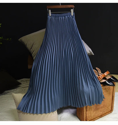 Womens Chic Pleated Swing Long Skirt with Liner Korean Fashion Kawaii Elastic High Waist OL Chiffon Shirring Mermaid Skirts K77