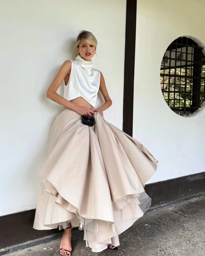 High Waist Khaki Taffeta Evening Maxi Skirt with Tulle Lining Ruffles Floor Length Women Prom Party Skirts Puffy Evening Gowns