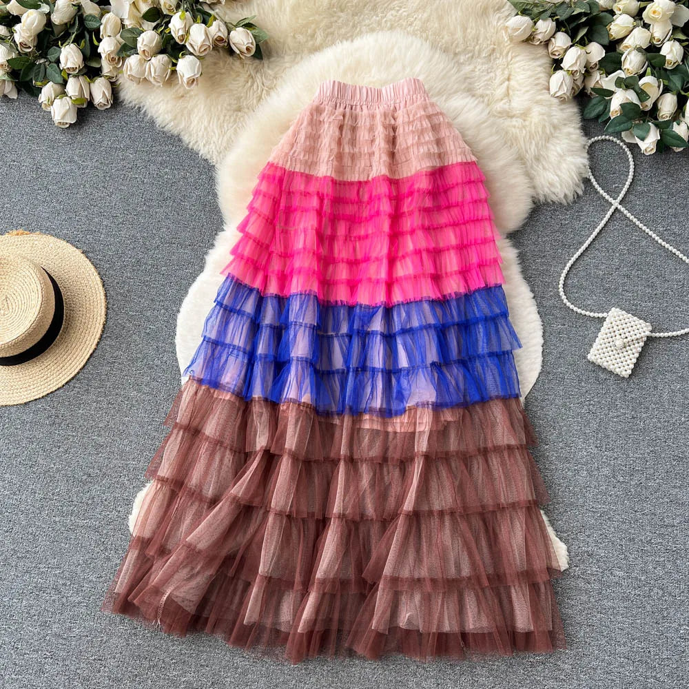 Voille Skirts Women Gradient Y2k High Waist Elastic Jupe Ladies Tulle Mujer Faldas Ruffles Long Female Mesh Skirt Dropshipping