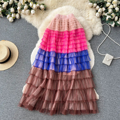 Voille Skirts Women Gradient Y2k High Waist Elastic Jupe Ladies Tulle Mujer Faldas Ruffles Long Female Mesh Skirt Dropshipping