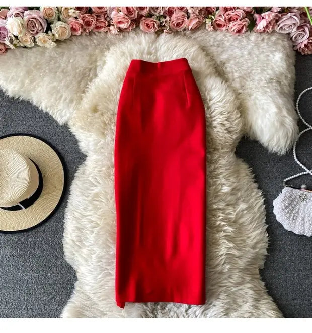 Faion High Waist  Color Midi Skirt Slimming Elastic Slit One Step OL Busin Bodycon Skirt Young Women Commute Sle