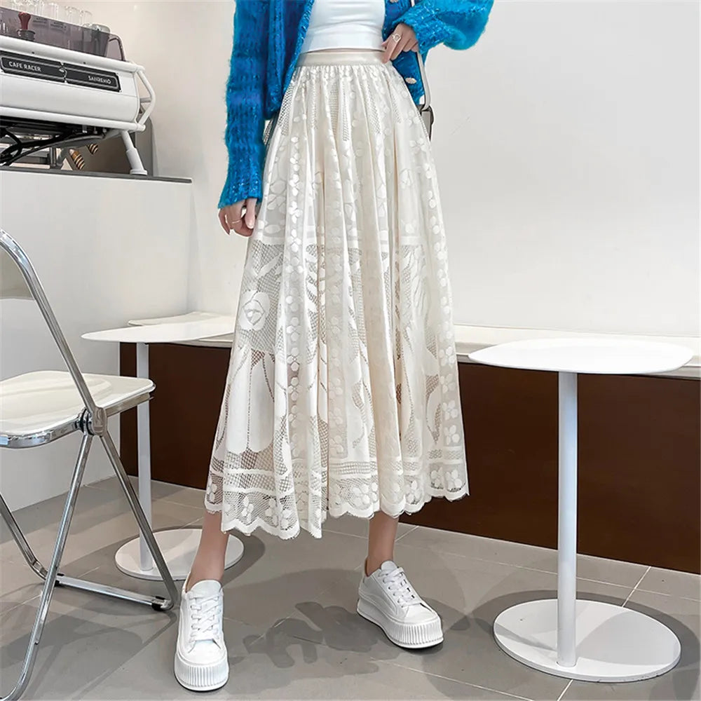 Elegant High Waist Black Big Swing Tulle Skirt Autumn Women'S Lace Mesh Long Skirt Korean Loose All Match Pleated Skirt Clothes