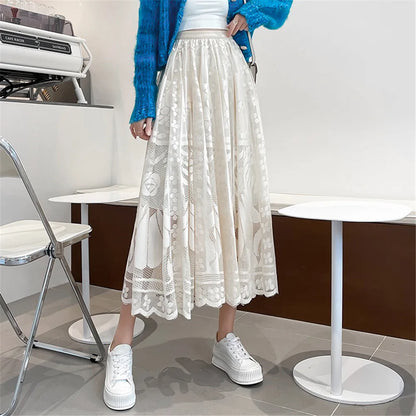 Elegant High Waist Black Big Swing Tulle Skirt Autumn Women'S Lace Mesh Long Skirt Korean Loose All Match Pleated Skirt Clothes