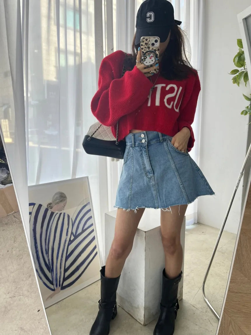 Chic High Waist A-Line  Skirt Women's Jeans ort Skirt Spring Vintage Slimming Splicing Hemming Girl's Faion Commute
