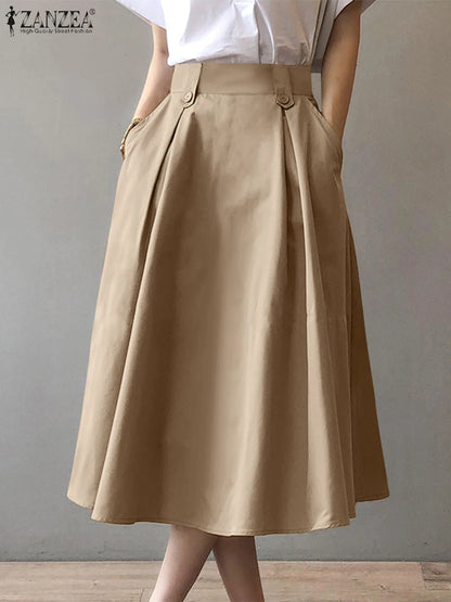 Women Elegant Office Work Skirts ZANZEA Autumn Summer High Waist Faldas Saia Jupe Casual Solid Midi Skirt Fashion Party Sundress