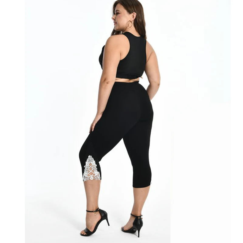 7XL Large Size Leggings For Women Summer Thin Tick 3/4 Capris Short Lace Hollow Tight Pants Black White Pink Red  6XL 5xl 4xl