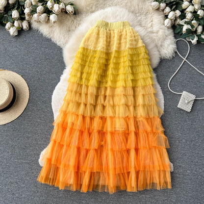 Voille Skirts Women Gradient Y2k High Waist Elastic Jupe Ladies Tulle Mujer Faldas Ruffles Long Female Mesh Skirt Dropshipping