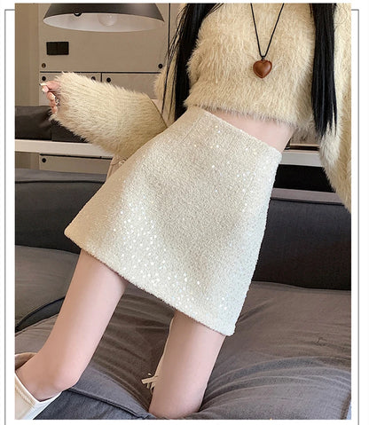 Fashion Y2K Streetwear Winter Mini Skirt Women Glitter Sequin Bodycon Tweed Skirts With Shorts A-Line Pink White Black Faldas