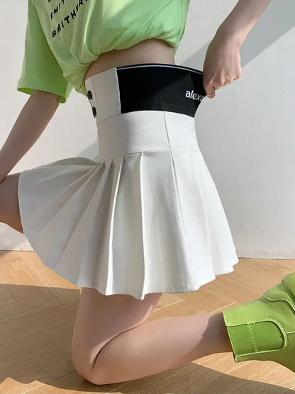 Mini Skirt Women Spring and Summer Original Letter Embroidery Elastic Waist Pleated Skirt A-line Skirt White Black