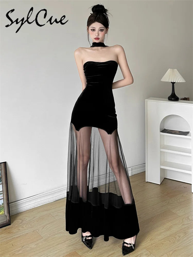 Sylcue Winter Party Black Mysterious Sexy Mature Beautiful Elegant Graceful Sweet Gentle Women'S Halter Tulle Stitching Dress