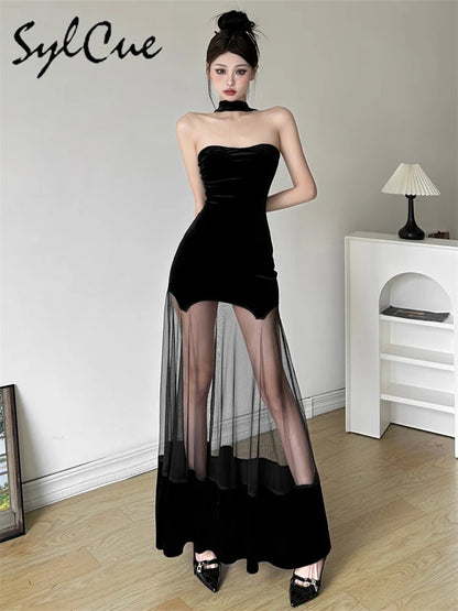 Sylcue Winter Party Black Mysterious Sexy Mature Beautiful Elegant Graceful Sweet Gentle Women'S Halter Tulle Stitching Dress