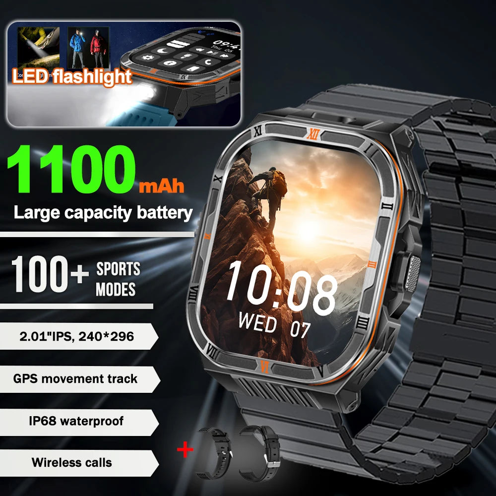 New 1100mAh Big Battery Smart Watch Men Outdoor Compass Bluetooth Call IP68 Waterproof Sports 2.01 Inch Flashlight Smart Watch