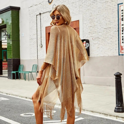 Swimsuit Cover-ups  Fashion Tassel Gold Bikini Beach Cover Up Sexy Beach Dress Tunics for Women Summer Wear See Through