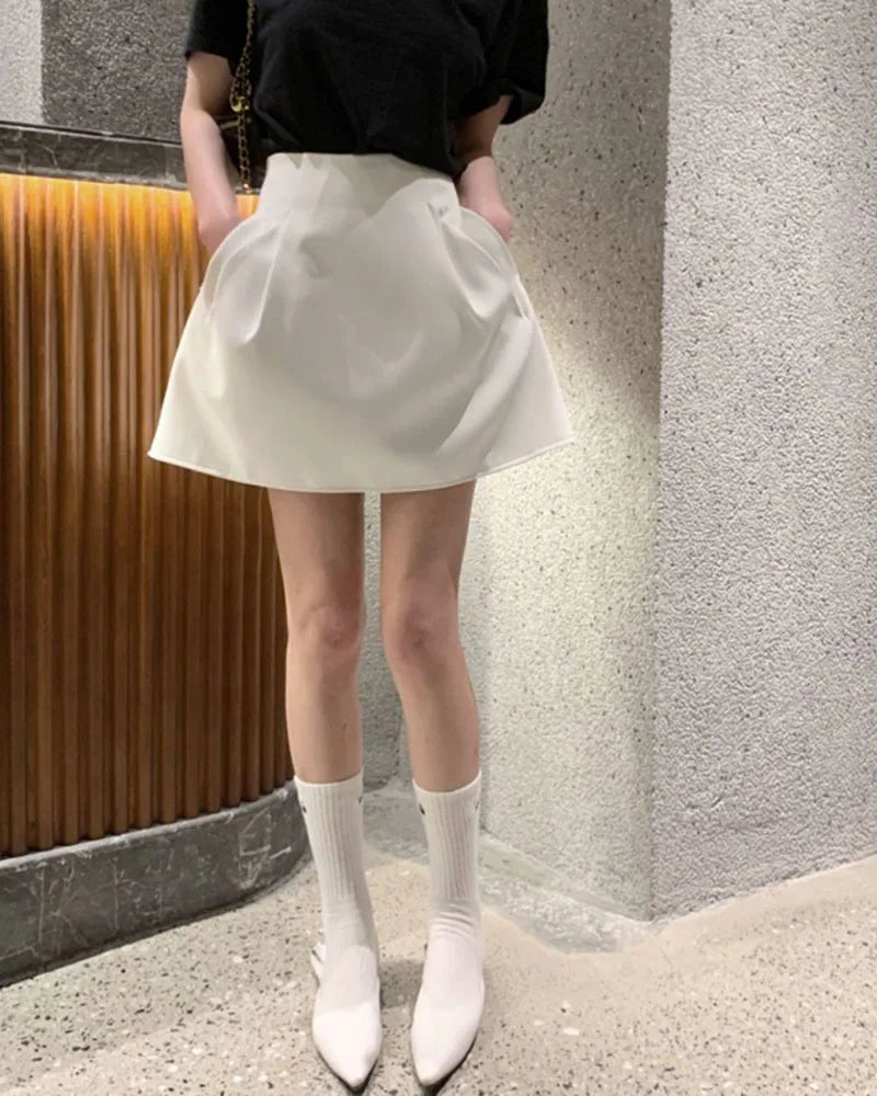 Lucyever Black White High Wiast Puffy Short Skirts Women All-Match Y2K Pocket A-Line Skirt Female Korean Work Style Suit Skirt