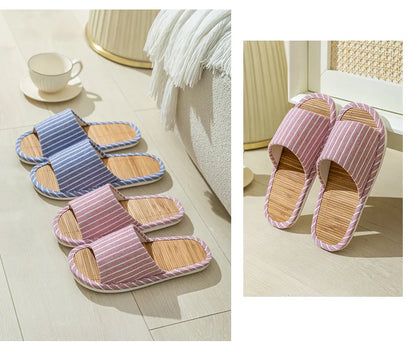Striped Slippers Bamboo Women Autumn Home Couples Indoor House Non Slip Funny Sandals Shoes Male Soft Flat Summer For Tatami