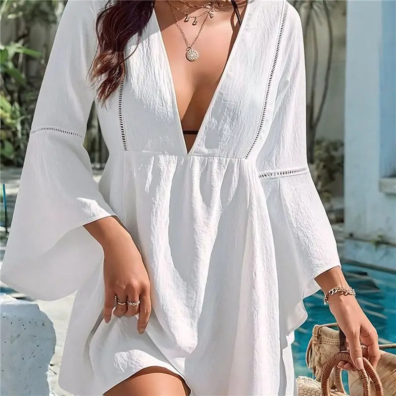 ABHT-Womens Swimsuit Coverup V Neck Chiffon Bathing Suit Beach Dress Flowy Swim Bikini Cover Up