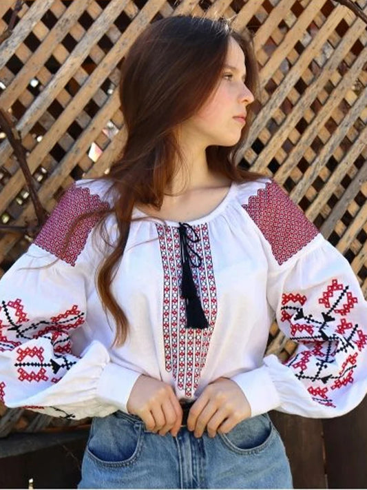 Retro Print Blusas Mujer Indie Folk Woman 2025 Shirts & Blouses O-neck Tassel Lace Up Clothing Loose Casual Camisas New Tops