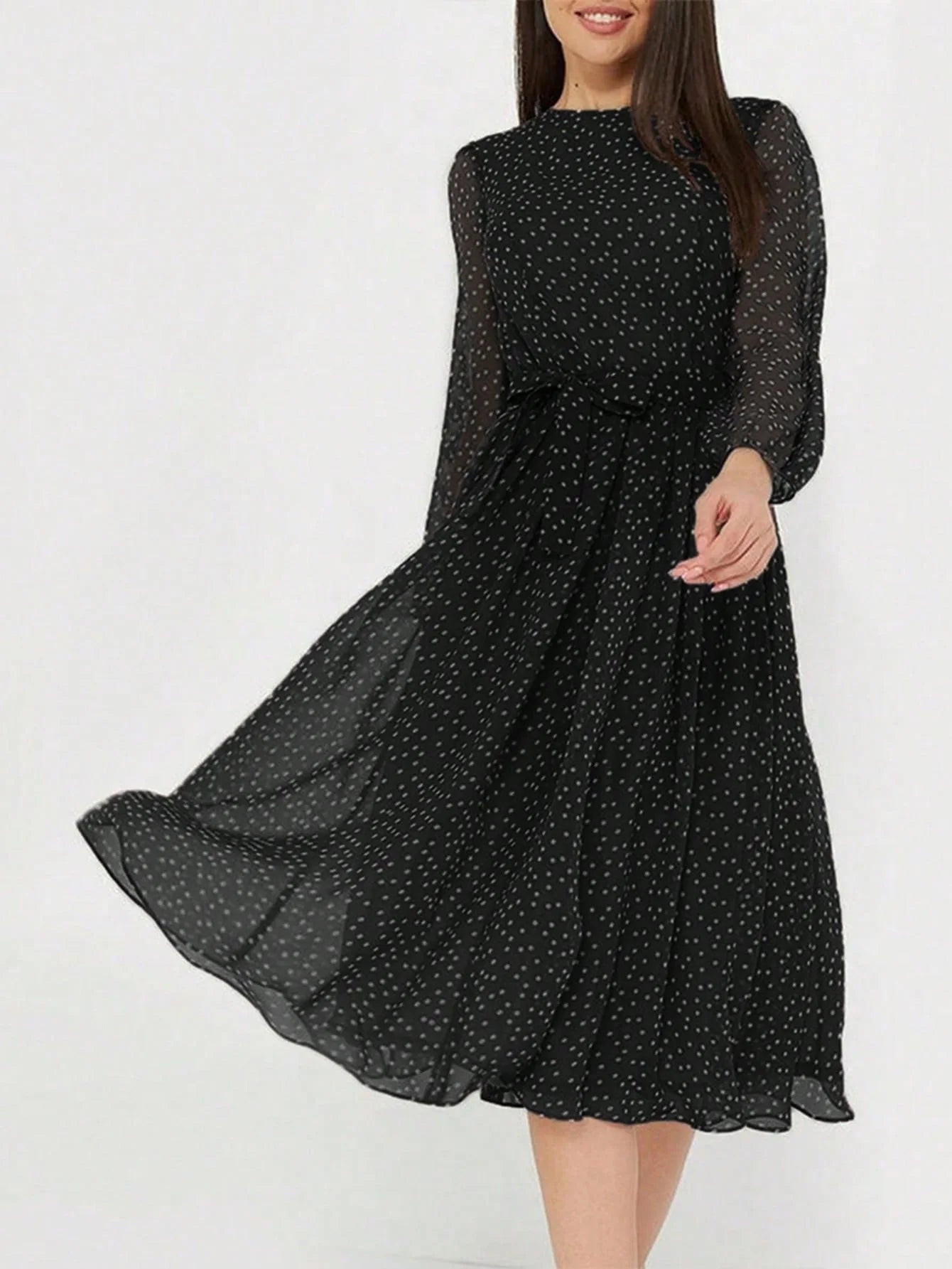 Print Dot Dress Women Casual Long Sleeve Round Neck Midi Dresses Lace Up Vocation Elegant Vestidos Summer 2025 Y2k Streetwear