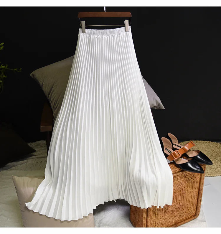 Womens Chic Pleated Swing Long Skirt with Liner Korean Fashion Kawaii Elastic High Waist OL Chiffon Shirring Mermaid Skirts K77