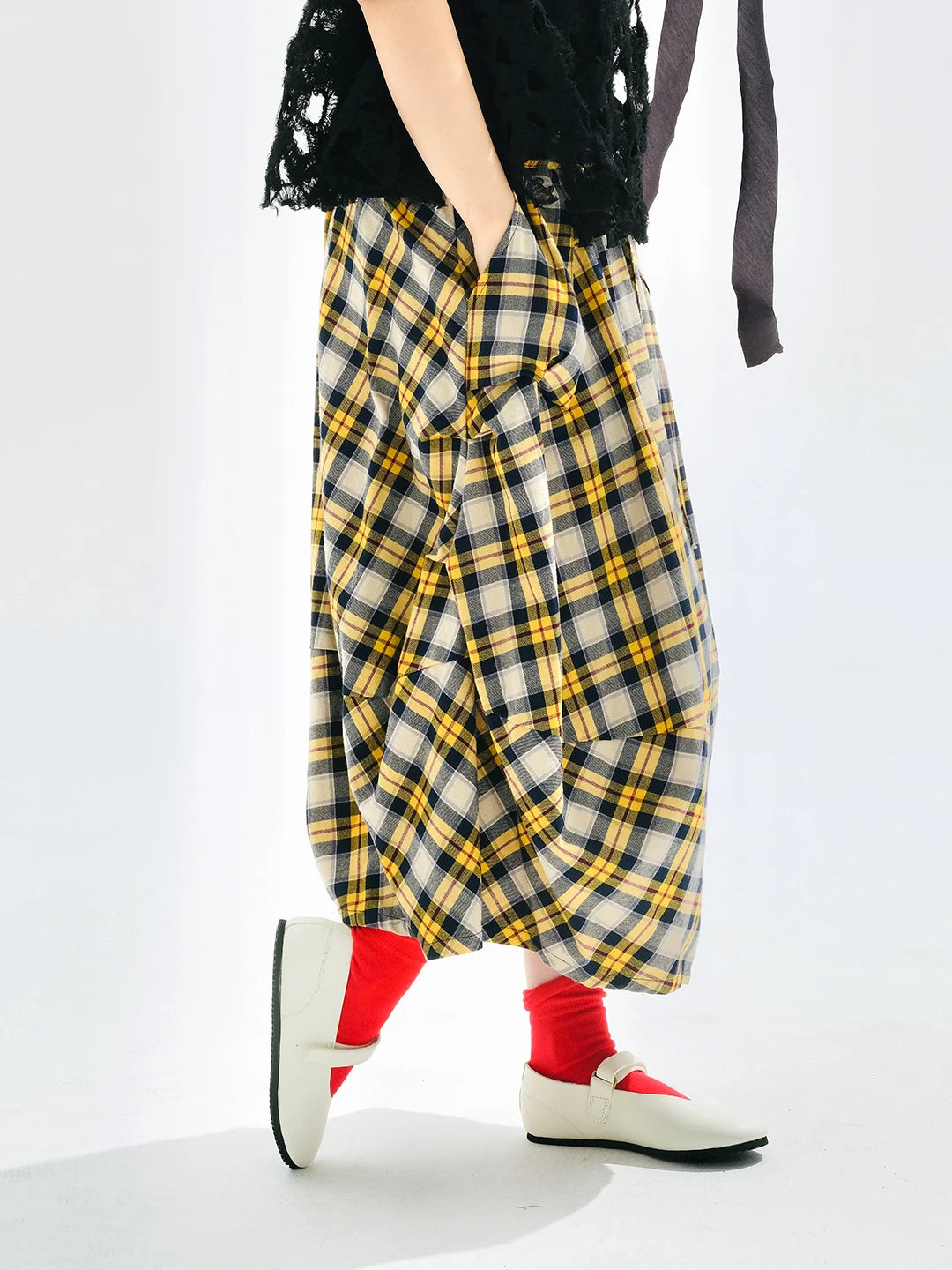Yellow checkered skirt 2025 imakokoni original autumn Japanese color woven artistic pure cotton lantern skirt for women 255122