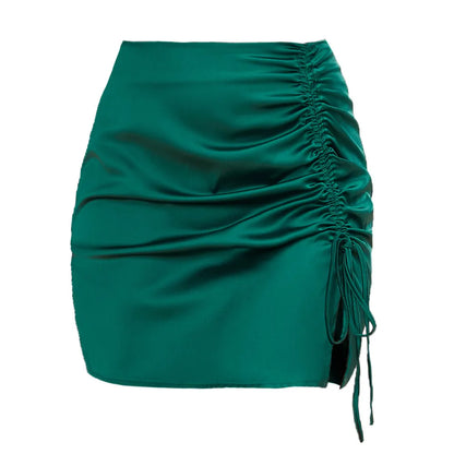 Women's Summer Solid Color Drawstring Pleated Sexy High Waisted Satin Skirt 2025 Femael Bodycon Club Party Wear Skirts