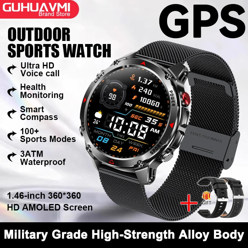 2026 New Outdoor Sport GPS Position Smart Watch Men 3ATM Waterproof Compass Altimeter 540mAh BT Call Fitness Watch