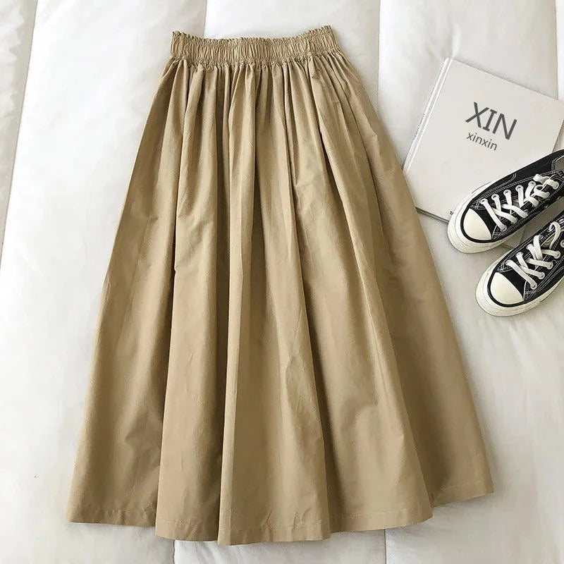 2025 New Casual Elegant High Waist A Line Skirts Women Solid Color Long Skirt Fashion Pockets Pleated Knee Length Skirts Autumn