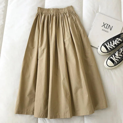 2025 New Casual Elegant High Waist A Line Skirts Women Solid Color Long Skirt Fashion Pockets Pleated Knee Length Skirts Autumn