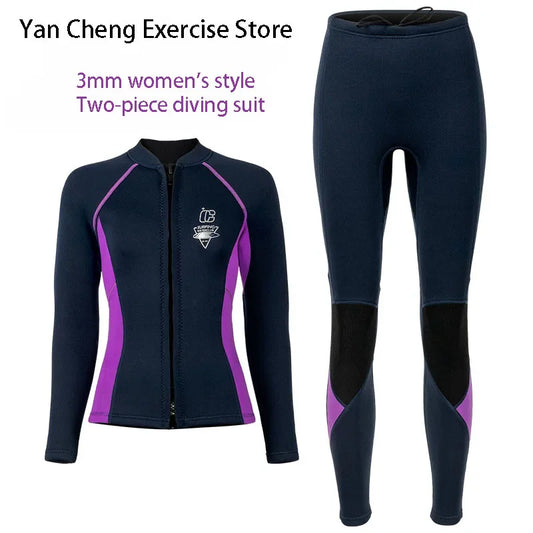Women's 3mm Two-Piece Diving Suit Long Sleeve Coldproof Wetsuit Top Pants for Snorkeling Surfing Swimming
