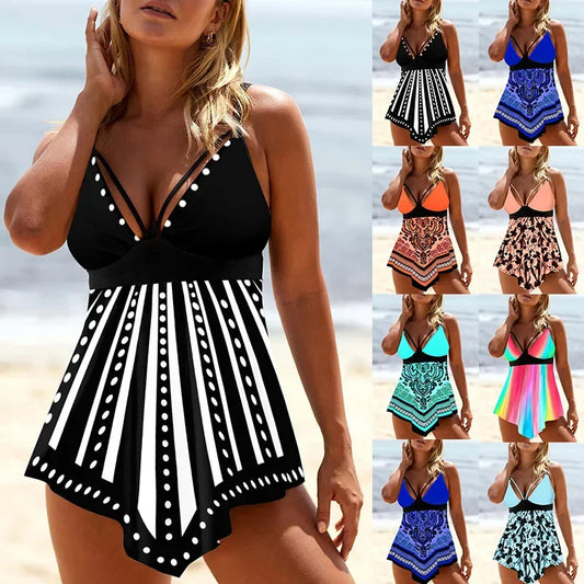 Women's Summer New Two Piece Set with White Small Dot Print Sexy Lace Up Leisure Resort Beach Swimsuit S-6XL