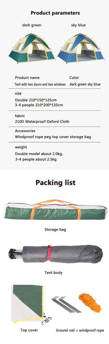 Tienda De Acampar Automatic Camping Tent 2-4 Person Family Tent Portable Backpacking Fully Automatic Tent For Hiking Travel
