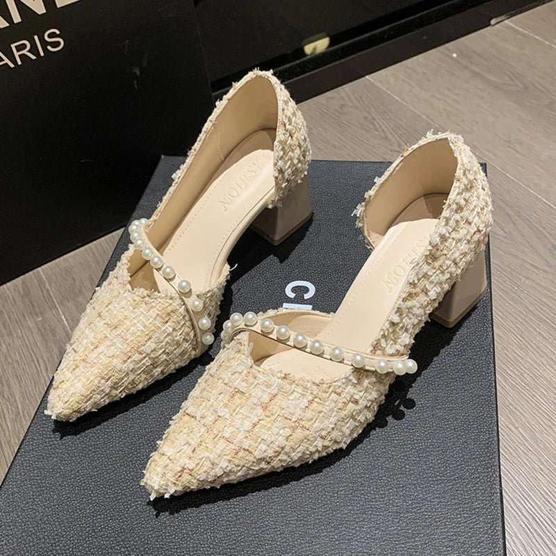 Woman Sexy High Heels New Elegant Wedding Dress Shoes Ladies Shallow Office Party Shoes Tweed Style Side Hollow Single Shoes