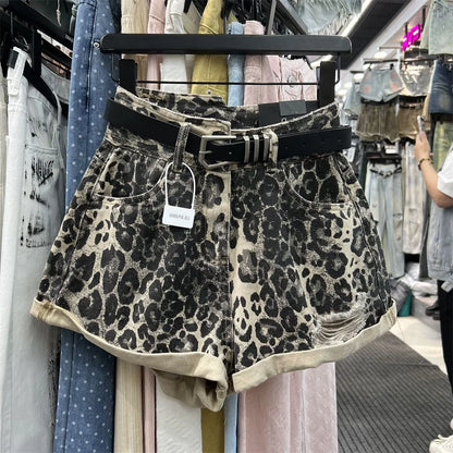Vintage Broken Holes American-style Denim Shorts Women Casual High Waist Sexy leopard print Female Summer Baggy wide-legged hot