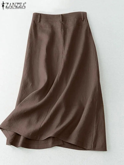 ZANZEA  Elegant Cotton Midi Skirts Casual Button Up A-line Skirt Women High Waist Jupe 2024 Summer Solid Temperament Falda Mujer