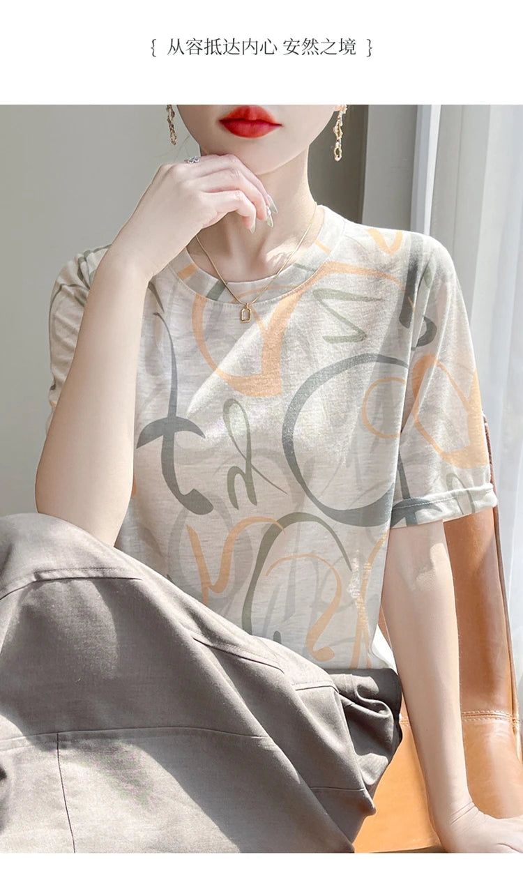 Spring And Summer New Lyocell Short Sleeve Sweater Loose Thin Half Sleeve T-shirt Printed Top