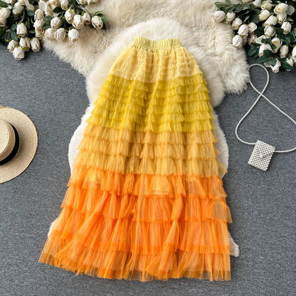 Voille Skirts Women Gradient Y2k High Waist Elastic Jupe Ladies Tulle Mujer Faldas Ruffles Long Female Mesh Skirt Dropshipping